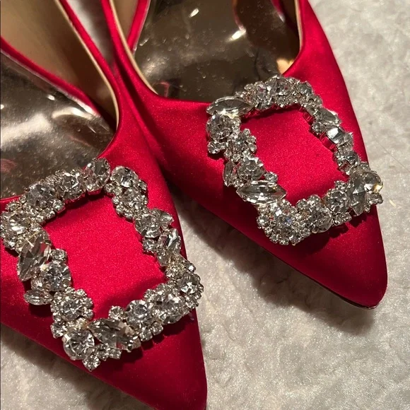 Badgley Mischka Red Satin Heels with Crystal Buckle - Picture 2 of 10